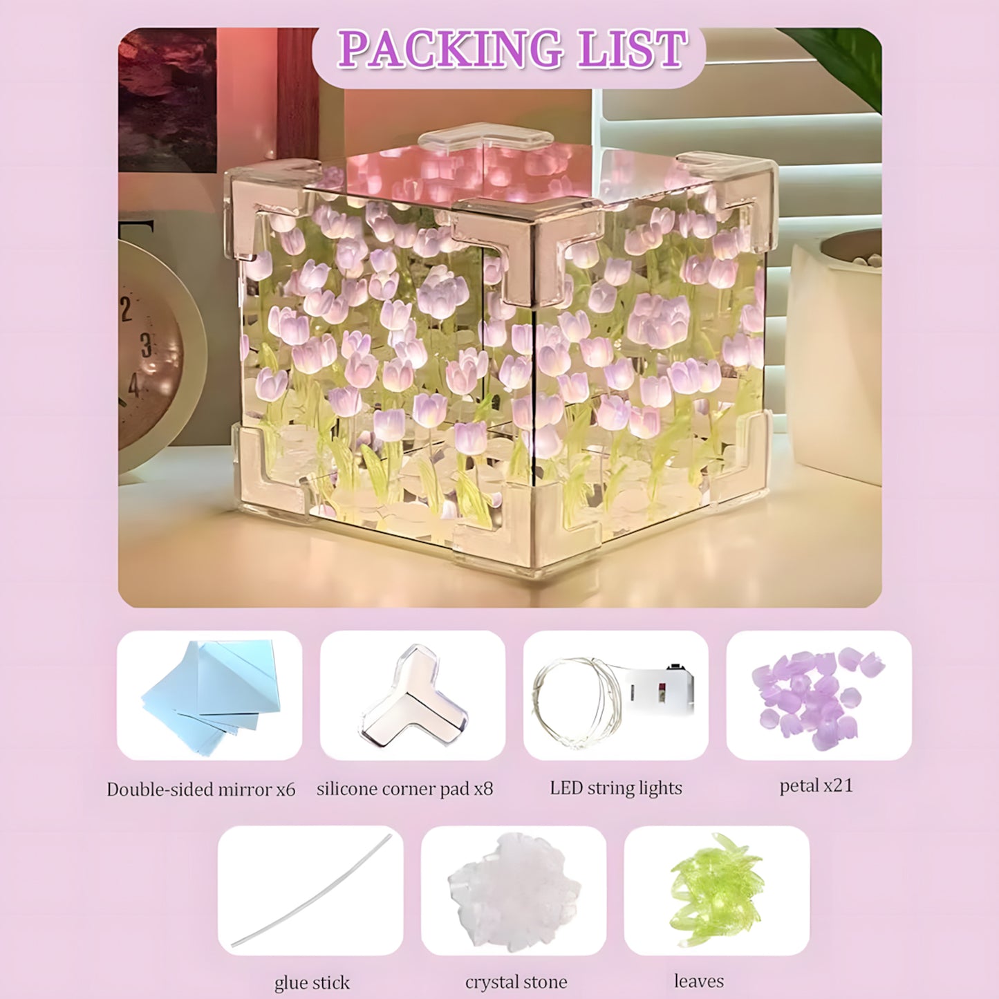 Tulip Cube Lamp, DIY Flowers Tulip Lamp, Cube Flower Night Light, Handmade Square Mirror Tulips Table Lamp Desktop Decoration