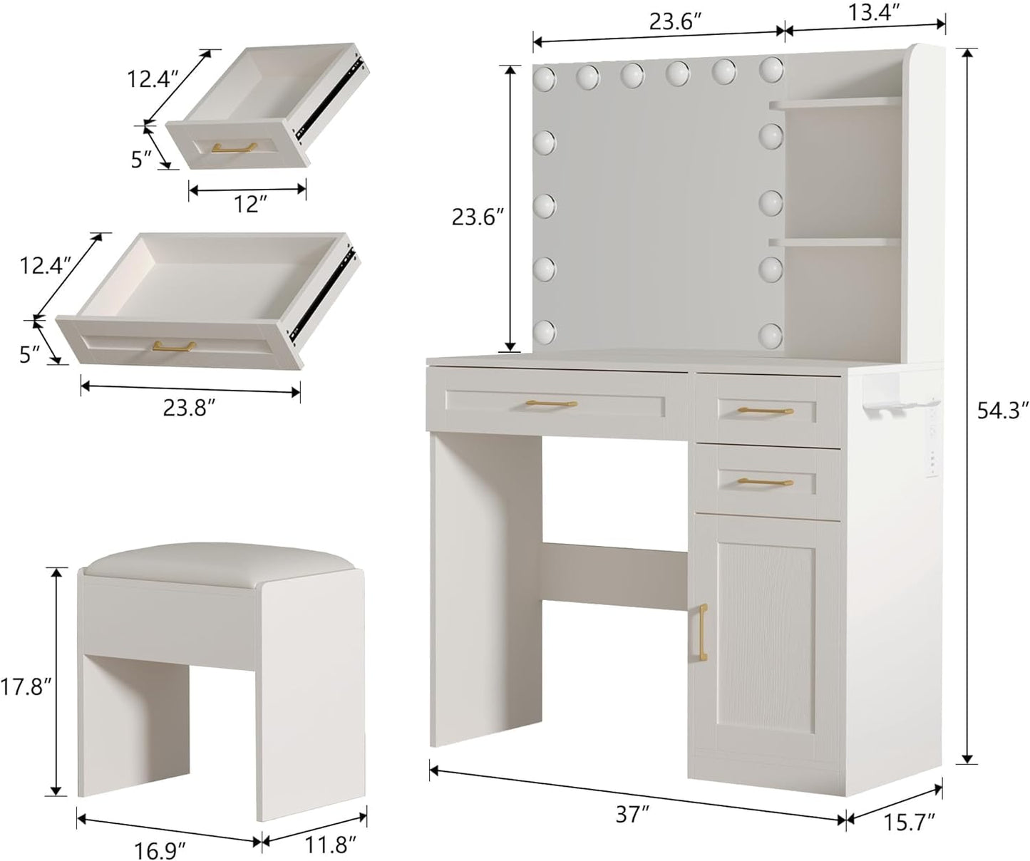 Tocador con luces, tocador de maquillaje con espejo y toma de corriente, iluminación de 3 colores, brillo ajustable, juego de tocador de maquillaje con silla y gabinete acolchados, 3 cajones, blanco