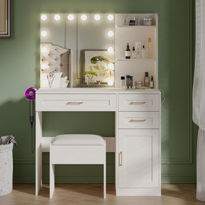 Tocador con luces, tocador de maquillaje con espejo y toma de corriente, iluminación de 3 colores, brillo ajustable, juego de tocador de maquillaje con silla y gabinete acolchados, 3 cajones, blanco