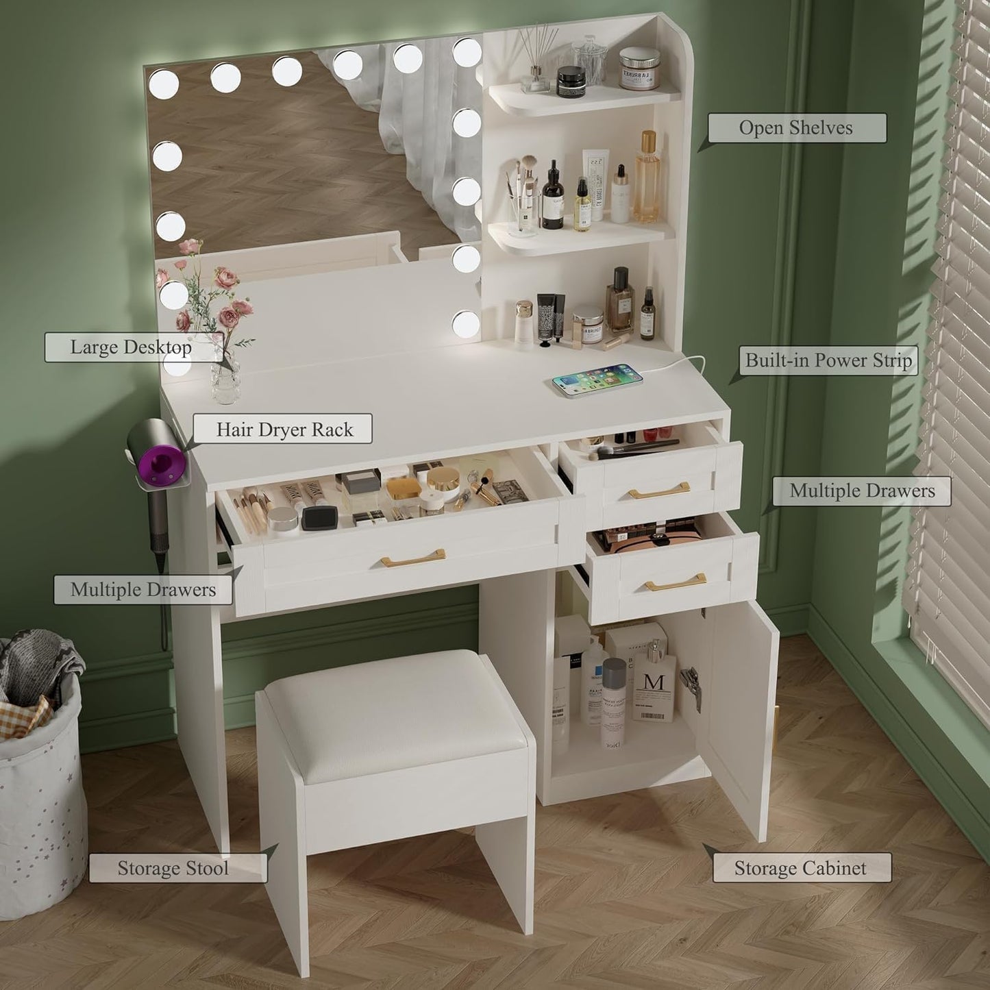 Tocador con luces, tocador de maquillaje con espejo y toma de corriente, iluminación de 3 colores, brillo ajustable, juego de tocador de maquillaje con silla y gabinete acolchados, 3 cajones, blanco