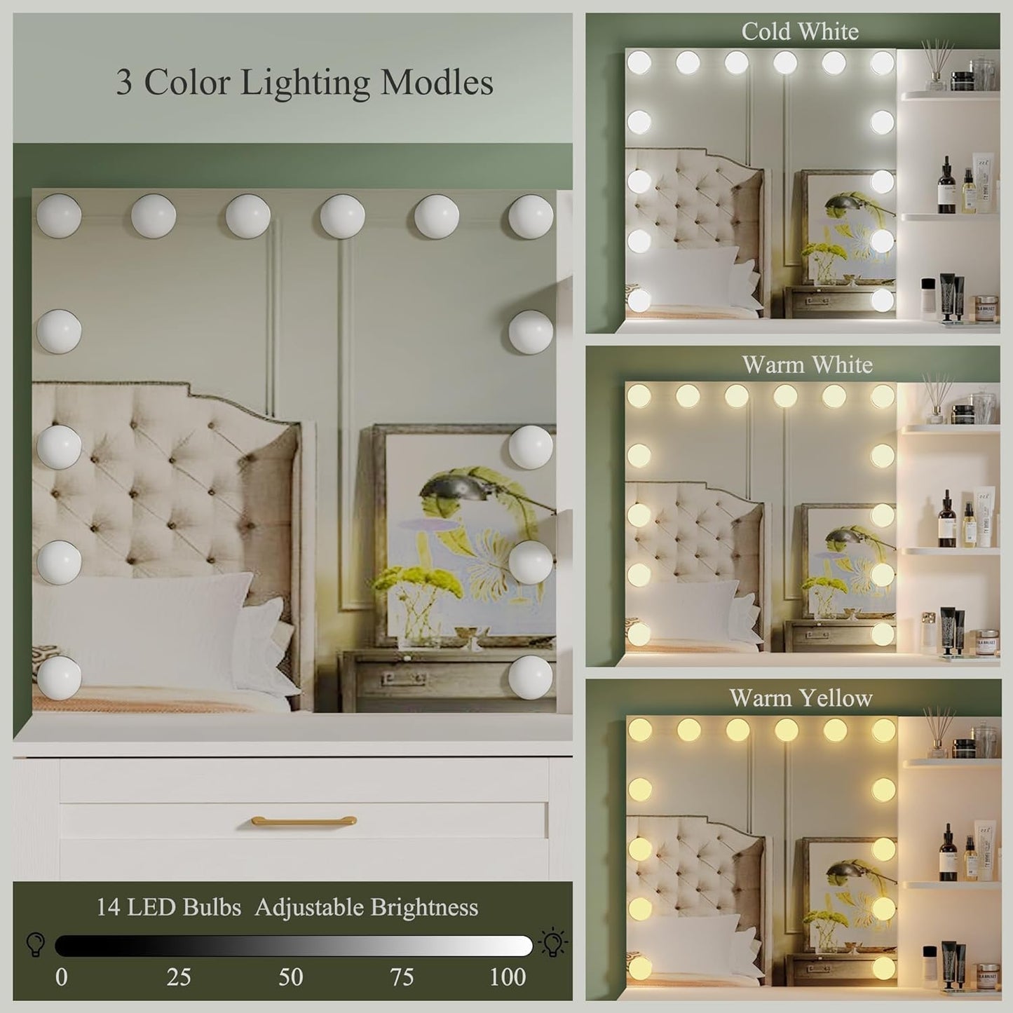 Tocador con luces, tocador de maquillaje con espejo y toma de corriente, iluminación de 3 colores, brillo ajustable, juego de tocador de maquillaje con silla y gabinete acolchados, 3 cajones, blanco