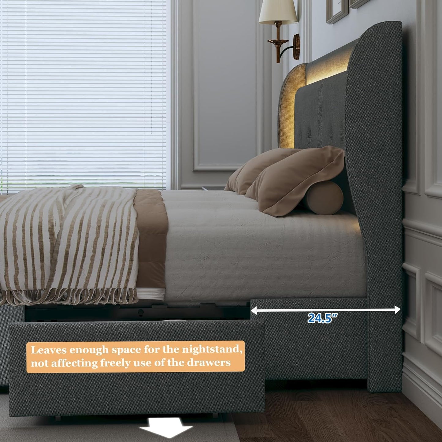 Marco de cama Queen con cajones de almacenamiento, marco de cama LED tapizado tamaño Queen con cabecero con alas, marco de cama con plataforma con almacenamiento, no necesita somier, sin ruido, fácil montaje