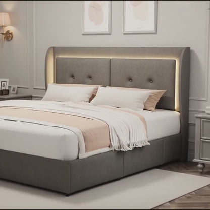 Marco de cama Queen con cajones de almacenamiento, marco de cama LED tapizado tamaño Queen con cabecero con alas, marco de cama con plataforma con almacenamiento, no necesita somier, sin ruido, fácil montaje